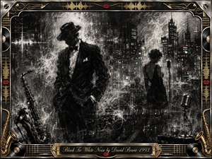 A shadowed tuxedoed figure stands beside a saxophone in a smoky nocturnal city, while a silhouetted singer waits near a vintage microphone. Deep charcoal textures, white static, musical notation, and faint colored accents create tense elegance. An ornate chrome-and-gold musical frame, red lips, vinyl motifs, and engraved title plate complete the composition.