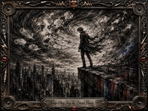 A solitary figure stands on a rooftop edge above a shadowy city, surrounded by turbulent charcoal clouds, ghostly faces, swirling arrows, and windblown fragments. Deep blacks and smoky grays dominate, accented by red and electric blue. Ornate chrome and gold musical details frame the tense, surreal scene with dramatic, storm-lit intensity.