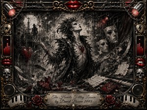 A pale, androgynous figure rises dramatically within a ruined industrial theater, surrounded by cracked masks, broken hearts, sheet music, smoke, and machinery. Deep charcoal blacks and grays dominate, pierced by crimson lips, roses, wounds, and stage lights. An ornate chrome-and-gold rock frame intensifies the gothic, theatrical atmosphere.