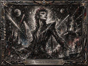 A defiant, androgynous space-age figure dominates a turbulent cosmic cityscape, surrounded by planets, spotlights, smoke, sparks, and jagged industrial structures. Deep charcoal textures, silver highlights, crimson accents, and faint blue glimmers create a fierce glam-rock mood. An ornate chrome-and-gold musical frame completes the dramatic composition.