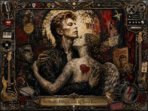 A pale, Bowie-like figure embraces a cracked stone angel amid a shadowy collage of roses, skulls, torn posters, and distressed textures. Deep black, bronze, gold, ivory, and blood-red tones create a sinister theatrical mood, while dramatic lighting and an ornate music-themed frame evoke gothic mixed-media album art.