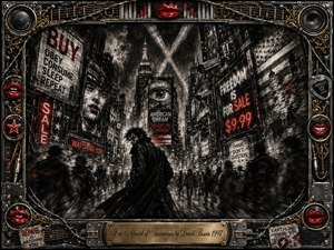 A lone, anxious figure moves through a dystopian city overwhelmed by towering billboards, surveillance cameras, blurred crowds, and fractured patriotic imagery. Deep charcoal textures create a grim, smoky atmosphere, pierced by harsh red neon and metallic highlights. An ornate industrial rock-themed frame of speakers, wires, lips, and gold details intensifies the paranoia.