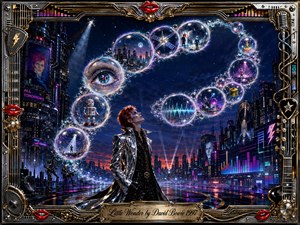 A silver-clad figure gazes upward across a neon futuristic city as glowing feather-edged bubbles sweep in an elegant S-curve, holding surreal fragments of robots, eyes, skylines, stages, stars, and sound waves. Electric blues, magentas, chrome, and gold shimmer beneath theatrical lighting, framed by ornate musical machinery and bright red lips.