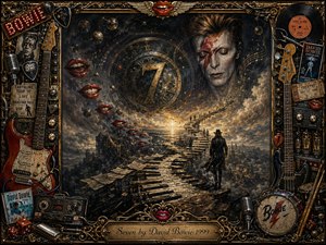 A surreal, richly textured rock tableau shows a lone traveler crossing a broken piano-key pathway toward a glowing horizon beneath a vast clock marked seven and a ghostly Bowie portrait. Charcoal blacks, bronze, gold, and crimson dominate, while dramatic celestial light illuminates floating lips, planets, sheet music, guitars, records, and ornate musical memorabilia.