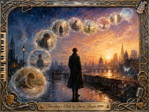 A solitary figure in a long dark coat faces a glowing city at dawn, surrounded by translucent memory bubbles sweeping upward in an elegant S-curve. Rich oil-paint textures blend deep blues with amber, rose, and gold, while wet reflections, stars, and an ornate music-themed metallic frame create a wistful, hopeful atmosphere.
