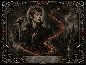 A charcoal-clad Bowie figure stands amid a smoky midnight cityscape, gripping a microphone as ember-red sparks curl through the scene in a glowing S-shaped trail. Deep blacks, silver grays, and bronze-gold accents create a brooding, cinematic mood. An ornate chrome-and-gold musical frame with red lips surrounds the textured artwork.