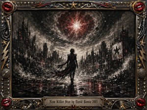 A lone, shadowy figure strides through a ruined futuristic city beneath a blazing red-white star. Deep charcoal textures, smoky grays, blackened towers, and crimson reflections create a tense, apocalyptic mood. Dramatic backlighting and wet streets intensify the scene, while the ornate chrome-and-gold rock-inspired frame adds glamorous, rebellious detail.