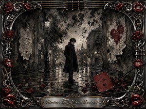 A solitary young man stands on a rain-slicked, decaying city street, surrounded by drifting charcoal textures, torn walls, red hearts, roses, and scattered petals. Deep blacks and grays dominate, punctuated by crimson accents and dim lamplight. An ornate chrome-and-gold musical frame with red lips and strings completes the gothic, melancholic composition.