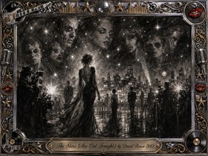 A glamorous figure in a flowing dark gown stands beneath a star-filled city sky, surrounded by paparazzi flashes and shadowy crowds. Ghostly faces emerge from smoky charcoal clouds, creating an eerie celebrity dreamscape. Wet streets reflect glowing lights, while an ornate chrome-and-gold musical frame adds dramatic red, silver, and gold accents.