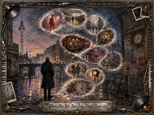 A solitary figure stands beside a rain-slicked Berlin canal at twilight, surrounded by glowing feathered memory bubbles curling upward in an S-shaped path. Cool blues, charcoal, sepia, and amber reflections create a wistful mood. Painterly mixed-media textures, vintage city fragments, clocks, bicycles, and an ornate music-themed metallic frame deepen the sense of memory and time.