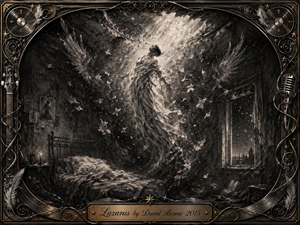 A ghostly figure rises from a rumpled bed toward a radiant celestial opening, dissolving into feathers, paper fragments, and charcoal dust. The dark, ruined room glows with stark silver-white light against smoky blacks and grays. Deep textured charcoal, gothic atmosphere, starry windows, and an ornate musical-metal frame create a haunting sense of transcendence.