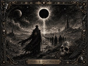 A solitary cloaked figure watches a ritual procession cross a barren cosmic landscape beneath a radiant black eclipse. Deep charcoal textures, smoky grays, and restrained gold accents create a solemn, mystical mood. An ornate gothic frame of microphones, cables, stars, skulls, and guitar details surrounds the scene, with a jeweled skull in the foreground.