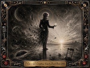 A solitary figure stands between a star-filled darkness and a glowing dawn, extending one hand toward the light while feathers and smoke dissolve behind him. Deep charcoal textures create a reflective, elegiac mood, accented by gold, chrome, red lips, vinyl motifs, celestial symbols, an hourglass, and an ornate engraved frame.