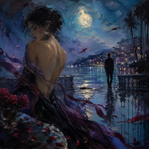 Moonlight spills across a restless waterfront where an elegant woman turns away, wrapped in unraveling ribbons and scattered rose petals. A solitary man stands beyond her, reflected in wet stone and shimmering water. Deep blues, crimson accents, and dissolving brushstrokes evoke longing, emotional distance, sensuality, and beautiful collapse under stars.