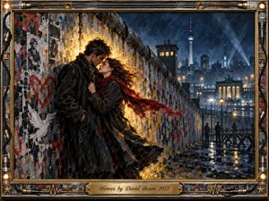 A young couple embraces beside a graffiti-covered Berlin Wall beneath a stormy blue night sky, their faces warmed by glowing amber light. The dramatic oil-paint composition contrasts cold city shadows with crimson scarf accents and golden reflections. An ornate chrome-and-gold music-themed frame surrounds the romantic, defiant scene.