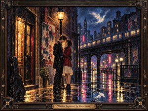 A young couple stands close beneath a glowing streetlamp on a rain-soaked city street, framed by elevated trains, worn brick walls, and shimmering neon reflections. Deep blues, amber light, and crimson accents create a romantic, cinematic mood. Rich painterly textures, wet pavement, and the ornate musical frame suggest hopeful intimacy.