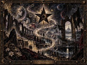 A monumental black star hangs over a ruined Gothic dreamscape, while a luminous S-shaped path winds through shadowed figures and translucent memory bubbles. Tarnished gold, charcoal, ivory, and muted crimson create a solemn palette, illuminated by eerie celestial light. Textured, painterly surfaces, decaying architecture, masks, lilies, and an ornate metal frame deepen the haunting, ritualistic atmosphere.