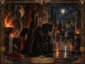 A mysterious woman in flowing black sits beside a watchful panther on a rain-slicked terrace, surrounded by braziers and shadowy feline statues. Fiery orange light clashes with moonlit blue architecture, creating a tense, nocturnal atmosphere. Rich painterly textures, gothic ornament, reflective stone, smoke, and an elaborate bronze frame deepen the decadent, cinematic mood.