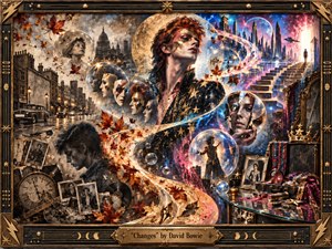 A radiant David Bowie figure dominates a dreamlike passage through time, surrounded by mirrored faces, fading photographs, city streets, clocks, autumn leaves, and cosmic architecture. Warm bronze, crimson, blue, and violet light flow along an S-shaped path, creating a theatrical, reflective mood within an ornate glam-rock frame.