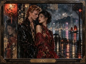 A rain-soaked neon harbor frames an intimate, tense couple beneath glowing lantern light. Deep crimson, black, gold, and cool blue reflections create a cinematic nocturnal mood. Painterly oil and lacquer textures, drifting mist, wet pavement, distant skyscrapers, a red-sailed boat, and an ornate brass-trimmed frame enrich the handcrafted atmosphere.