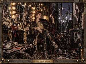 An androgynous glam figure lounges in a decadent 1970s dressing room, surrounded by fractured mirrors, camera flashes, scattered magazines, and metallic luxury. Smoky blacks, tarnished gold, bronze, and crimson glow under warm vanity bulbs and cool city light, creating a tense, seductive mixed-media scene of fame, excess, and fragmented identity.