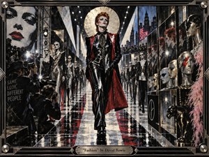 A striking red-haired figure strides down a glossy futuristic runway, surrounded by severe metallic models, mirrored displays, photographers, and mannequin heads. Black, silver, crimson, and icy blue dominate beneath harsh theatrical spotlights. The mixed-media, fashion-editorial style feels glamorous, confrontational, and decadent, framed by intricate Art Deco metalwork and a polished engraved title plate.