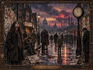 A rain-soaked London street unfolds beneath a turbulent crimson-gray sky, crowded with anxious figures confronting an uncertain future. Warm lamplight reflects across wet pavement, contrasting with smoky industrial silhouettes and distant architecture. Painterly textures, distressed posters, scattered newspapers, a looming clock, and an ornate dark frame deepen the apocalyptic melancholy.