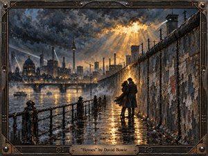 A rain-soaked Berlin riverside glows beneath storm-dark skies as two figures embrace beside a scarred concrete wall. Golden light breaks through the clouds, reflecting across wet pavement and water. Moody blue-gray architecture, searchlights, distant towers, and textured painterly surfaces create a dramatic, romantic atmosphere framed by ornate industrial metalwork.