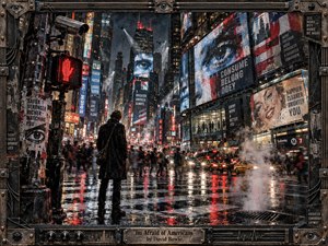 A lone figure stands in a rain-slicked neon city canyon, surrounded by surveillance cameras, crowds, traffic, and towering propaganda screens. Red, black, steel gray, and cold blue dominate the tense scene, while harsh artificial light reflects across wet pavement. The mixed-media realism feels industrial, claustrophobic, paranoid, and relentlessly urban.