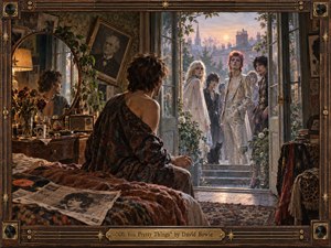 A richly detailed, vintage-inspired bedroom opens onto a glowing dawn garden where striking, otherworldly youths gather around a silver-clad figure. Warm amber interiors contrast with cool pastel skies, creating an uncanny, theatrical mood. Ornate textures, mirrors, records, newspapers, floral growth, and a handcrafted musical frame evoke transformation, youth, and cultural upheaval.