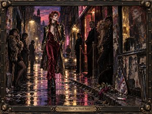 An androgynous glam-rock figure strides through a rain-slicked 1970s city street, surrounded by shadowy onlookers and nightclub decadence. Neon pinks, bruised purples, tarnished gold, and amber lights shimmer across wet pavement. Painterly textures, a black cat, wilted roses, broken mirrors, and an ornate metallic frame heighten the restless, seductive mood.