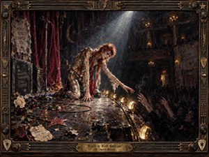 A weary glam-rock performer kneels at the edge of a decaying theater stage, reaching toward shadowed hands in the audience. Tarnished gold, burgundy, smoky violet, and black dominate beneath a piercing spotlight. Scattered roses, cables, confetti, posters, and worn floorboards create a tragic, intimate, painterly atmosphere framed by ornate vintage metalwork.