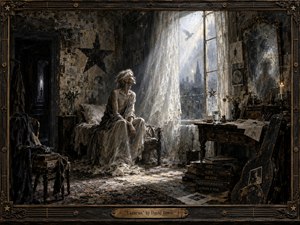 A pale, solitary figure sits in a decaying artists room, gazing toward a luminous window where curtains drift in ghostly light. Charcoal blacks, ash grays, sepia, and muted gold create a mournful atmosphere. Painterly wax textures, cracked surfaces, scattered papers, stars, candles, and a worn guitar case deepen the sense of mortality and transcendence.