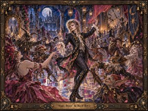 A glamorous, androgynous dancer commands a moonlit fantasy ballroom filled with masked revelers, whimsical creatures, swirling petals, and candlelit stairways. Deep blues, magentas, antique gold, and warm amber light create a playful, mysterious mood. Painterly textures, ornate architecture, a cracked clock, and a richly crafted frame heighten the theatrical enchantment.