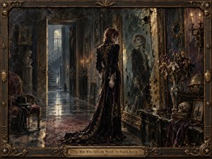 An androgynous figure in a dark embroidered coat confronts a ghostly reflection inside a decaying mansion, surrounded by cracked mirrors, wilted flowers, a skull, and abandoned furnishings. Deep teal, plum, black, and tarnished gold tones glow under candlelight and moonlit haze, creating a surreal, melancholic oil-painted atmosphere of fractured identity.