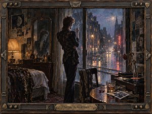 A solitary glam-rock figure stands beside a rain-streaked hotel window, cigarette raised, overlooking a wet nocturnal city glowing with amber lamps and red neon. Deep blues, tarnished gold, and black create a melancholy atmosphere. Painterly textures, reflective glass, wilted roses, photographs, records, and a weathered musical frame intensify the nostalgic sorrow.