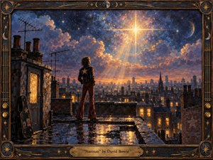 A lone figure stands on a rain-slicked rooftop above a glowing 1970s city, gazing toward a radiant star breaking through turbulent blue and amber clouds. Warm window light contrasts with the cosmic sky, creating hopeful wonder. Painterly textures, reflections, antennas, a guitar case, and an ornate celestial frame enrich the dreamlike scene.