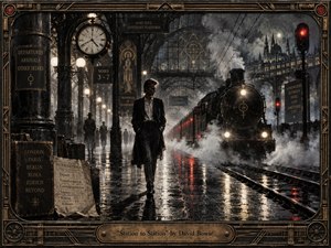 A solitary, sharply dressed figure crosses a rain-slicked midnight station as a black steam locomotive emerges through swirling mist. Cold charcoal, silver, and bronze tones are pierced by crimson signals and warm lamps. Art Deco metalwork, occult geometry, clocks, reflections, and weathered signage create a tense, cinematic, handcrafted noir atmosphere.
