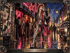 A defiant androgynous glam-rock figure strides through a rain-slicked 1970s nightlife street, surrounded by neon clubs, vintage cars, smoky crowds, and torn posters. Electric pinks, cobalt blues, amber lights, and metallic silvers create theatrical energy. Thick painterly textures, reflective pavement, dramatic shadows, and an ornate rock-inspired frame heighten the rebellious mood.