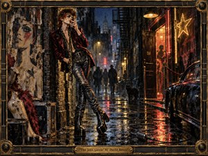 A glamorous, androgynous rock figure leans against a rain-darkened alley wall, framed by glowing club lights, fire escapes, and distant city towers. Deep reds, black leather, bronze, and electric gold create a decadent nocturnal mood. Thick painterly textures, wet reflections, torn posters, and musical hardware evoke gritty 1970s glam-rock swagger.