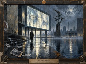 A solitary figure stands on a rain-soaked modernist waterfront beneath a brooding blue-gray sky, facing a fractured city of glass, concrete, and distant towers. Cold reflections shimmer across black pavement and water while sculptural birds rise overhead. Weathered metal framing, guitar-string details, scattered photographs, and subdued amber light deepen the melancholy, cinematic atmosphere.