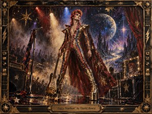 A flamboyant glam-rock figure commands a smoky cosmic stage beneath red, gold, and blue spotlights, surrounded by guitars, amplifiers, cheering silhouettes, and a dreamlike lunar landscape. Rich metallic reds, bronze, black, and starlit violet create a theatrical, otherworldly mood, framed by ornate celestial hardware and a weathered engraved title plate.