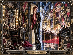 An androgynous glam-rock star stands between a cluttered backstage dressing room and a dazzling red-carpet spectacle, surrounded by fractured mirrors, camera flashes, reaching crowds, and neon city lights. Rich blacks, crimson, gold, and chrome create a seductive yet uneasy mood, rendered in textured mixed-media paint with metallic, collage-like detail. SongData_Fame_DavidBowie_1975