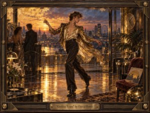 A glamorous dancer moves across a polished rooftop terrace at golden hour, surrounded by champagne, records, lush plants, and distant city lights. Warm amber, bronze, burgundy, and twilight blue create a nostalgic, sophisticated mood. Textured oil-like brushwork, metallic highlights, reflections, and an ornate Art Deco frame emphasize elegant motion and fleeting time.