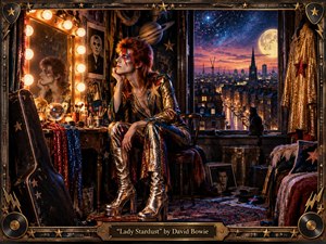 An androgynous glam-rock performer sits before a glowing dressing-room mirror, surrounded by sequins, records, makeup, and vintage decor. Warm amber bulbs contrast with the cool blue-purple city and star-filled sky beyond the window. Metallic boots, cosmic motifs, reflective textures, and an ornate frame create a theatrical, wistful, handcrafted atmosphere.