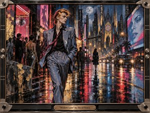 A sleek, Bowie-like figure strides through a rain-slicked neon city, framed by nightclub crowds, vintage cars, and towering gothic-modern architecture. Electric pinks, blues, and gold reflections shimmer across the street, creating a glamorous, restless mood. The textured mixed-media style, metallic frame, and engraved title plate give the scene a handcrafted, theatrical finish.