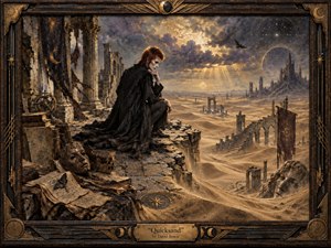 A solitary, red-haired figure sits amid crumbling ruins overlooking a vast desert swallowing broken arches and monuments. Moody ochres, bronze, smoky gray, and violet fill the scene, pierced by golden celestial light. Painterly textures, aged manuscripts, masks, astral symbols, and an ornate antique frame create a haunting, mystical atmosphere.