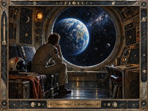 A solitary astronaut sits inside a weathered retro spacecraft, gazing through a vast circular window toward luminous Earth and distant stars. Warm amber cabin lights contrast with deep blues and black space, creating quiet isolation and wonder. Intricate metal panels, celestial diagrams, reflective flooring, and an ornate cosmic frame enhance the handcrafted, cinematic atmosphere.