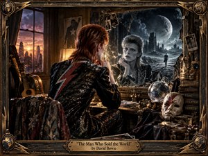 A solitary red-haired figure sits before a fractured mirror in a shadowy, ornate room, confronting a ghostly reflection against a moonlit ruined city. Warm amber light contrasts with cold blue-gray tones, while masks, crowns, globes, photographs, and instruments deepen the eerie atmosphere of identity, isolation, fame, and transformation.