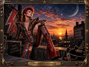 A flamboyant red-haired musician sits defiantly on a weathered rooftop above a glowing city skyline, wearing a reflective metallic jumpsuit and towering red boots. A black electric guitar rests nearby. Sunset oranges meet deep cosmic blues, with a crescent moon overhead. The ornate bronze frame, graffiti, stars, and dramatic lighting create a rebellious glam-rock atmosphere.